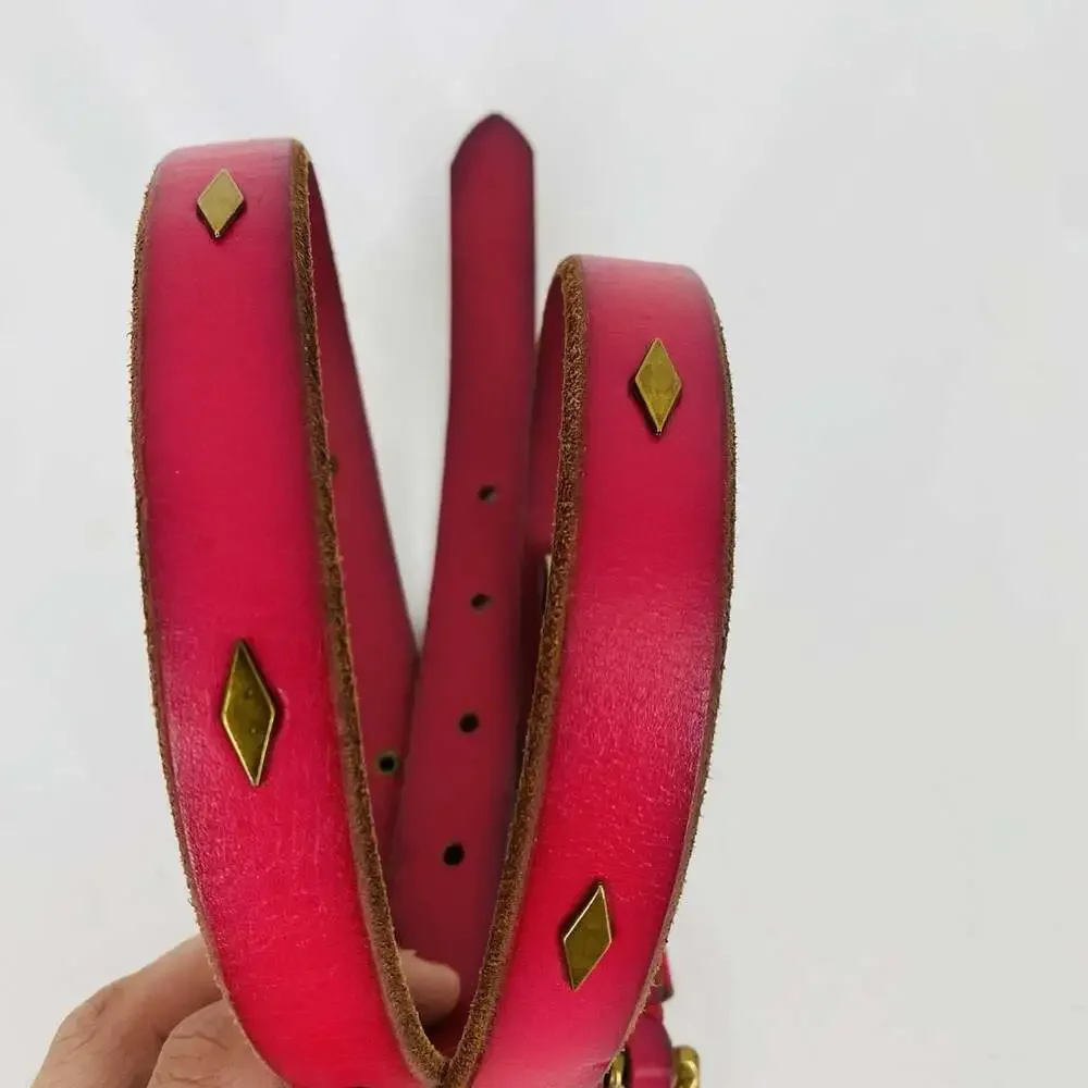 Fossil Pink Studded Skinny Belt Brass Buckle Diamond Studs Y2K Womens VTG 29-33